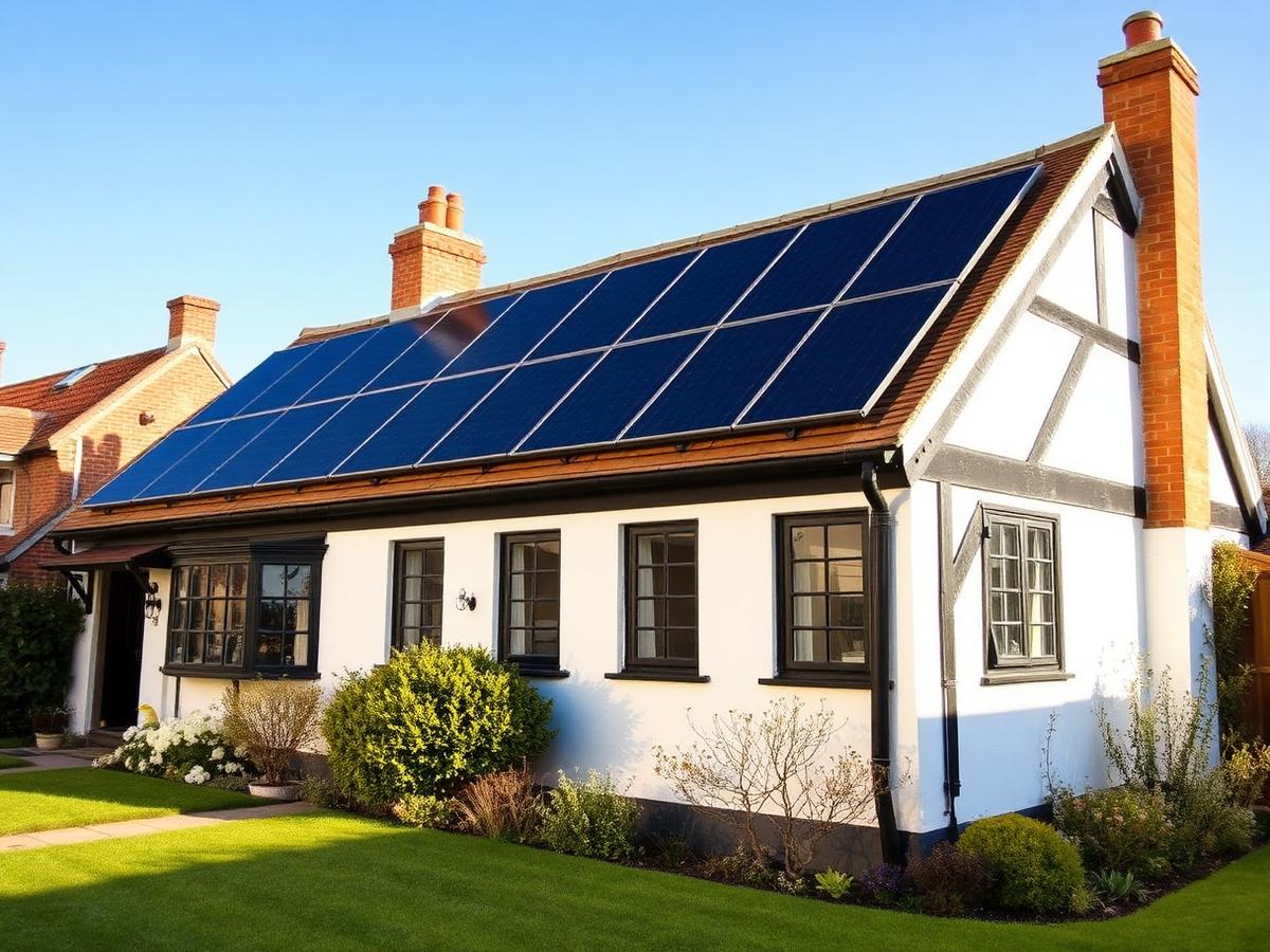 Modern solar panels on a white timber-framed cottage near Bury St Edmunds