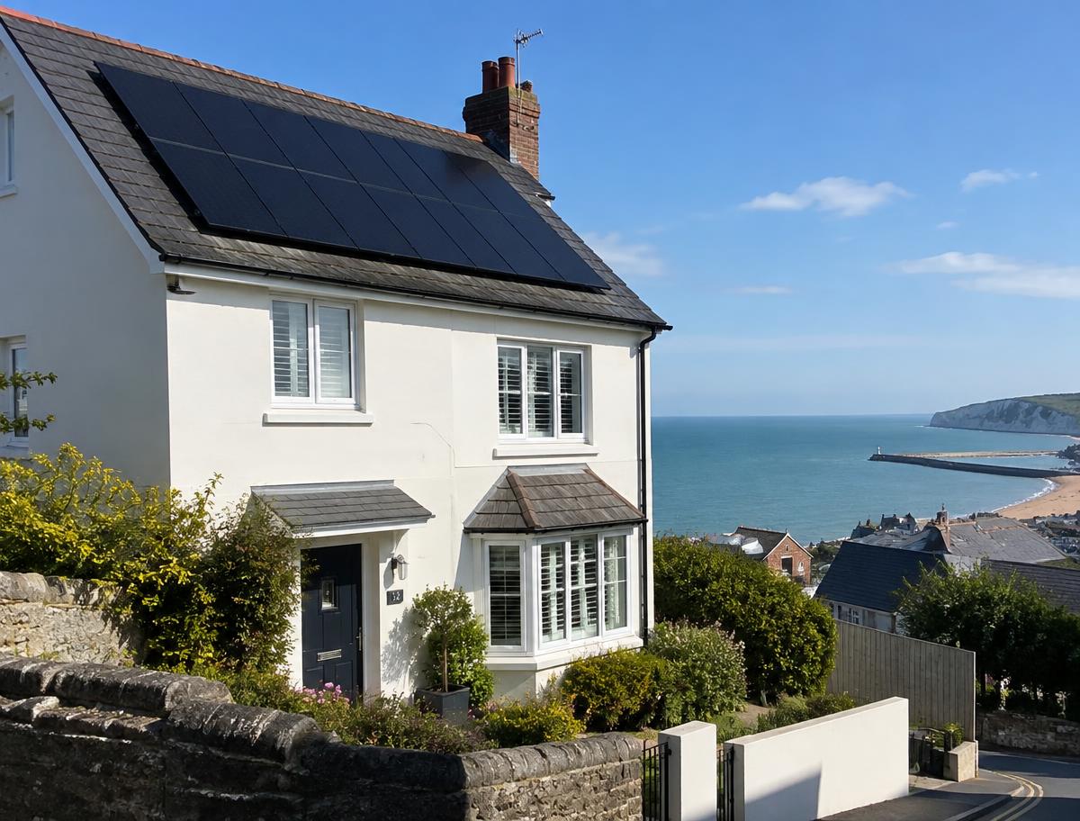 Solar panels installed on a seaside home in Folkestone, Kent