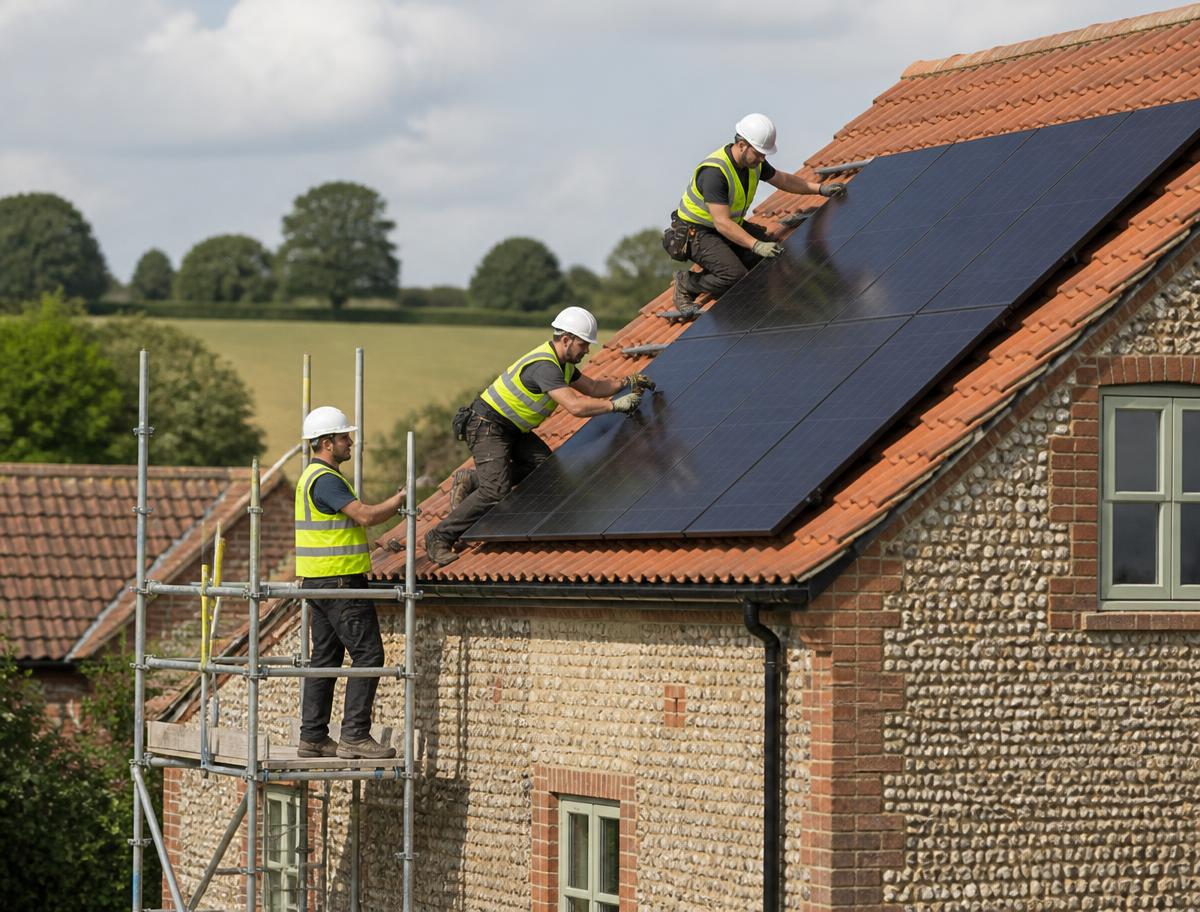 Custom Solar PV Installers UK team installing panels on a home roof